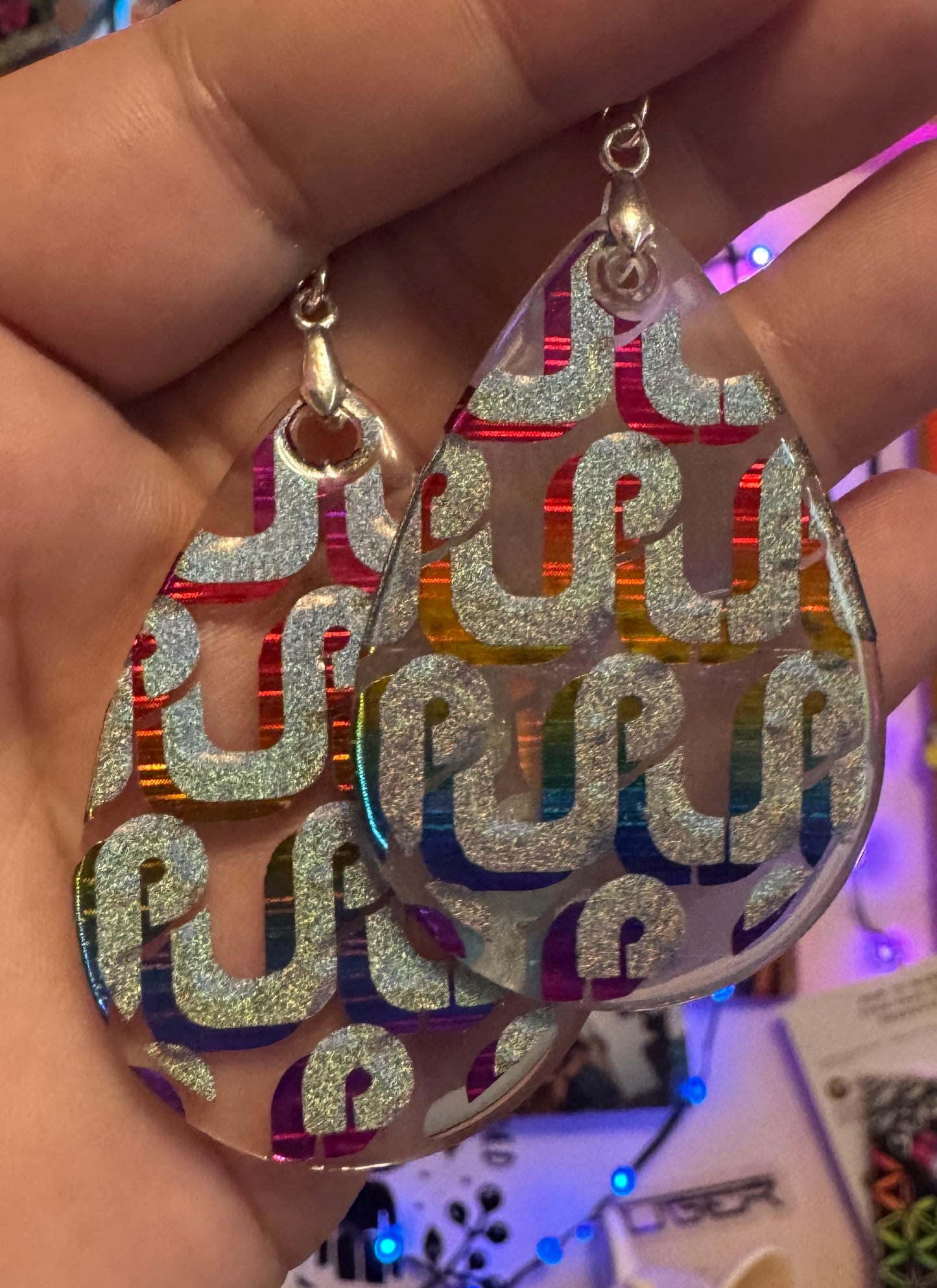 Silver/Rainbow PL Logo Resin Teardrop Earrings